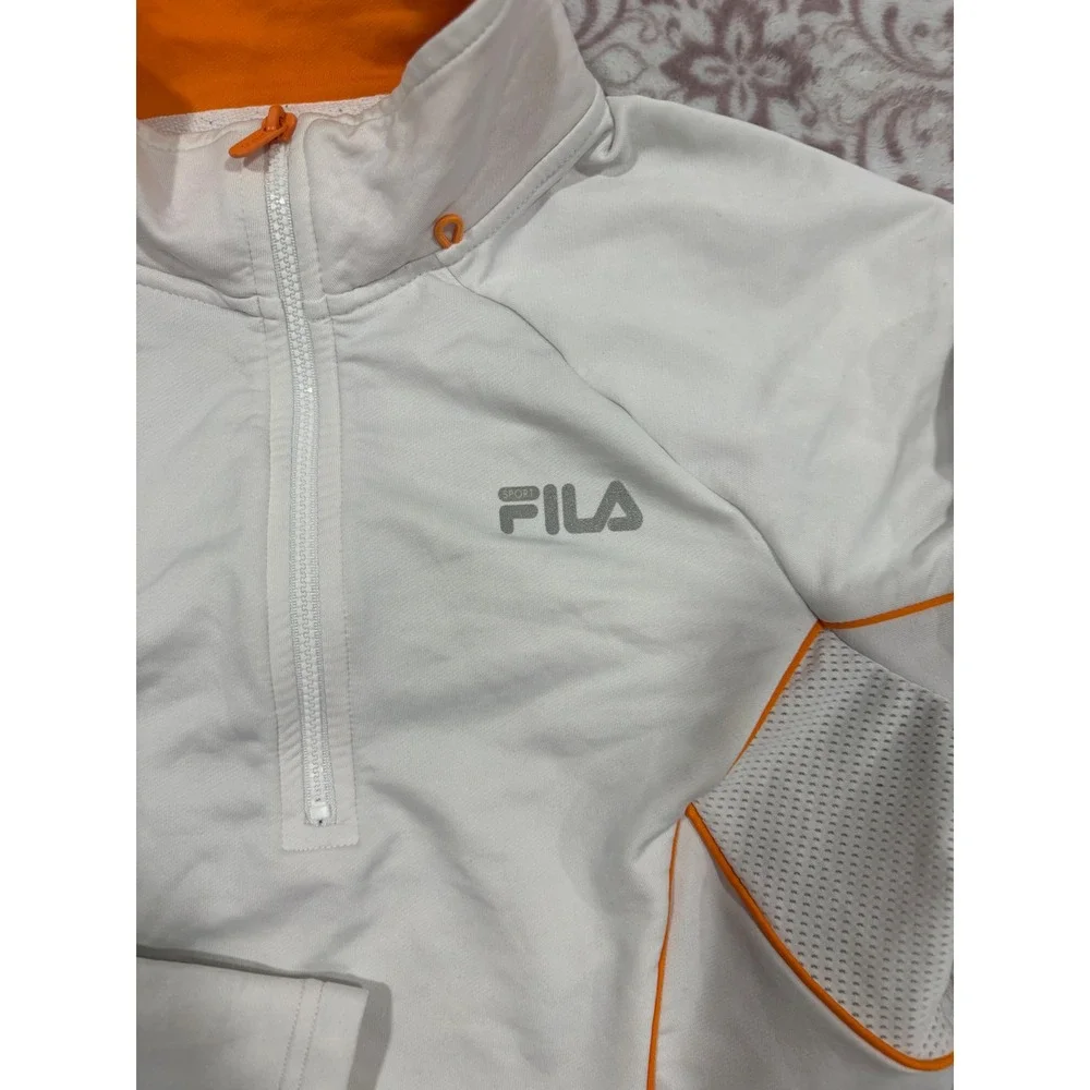 Fila Sport Womens White Orange Quarter Zip Pullover Mesh Activewear Top Small